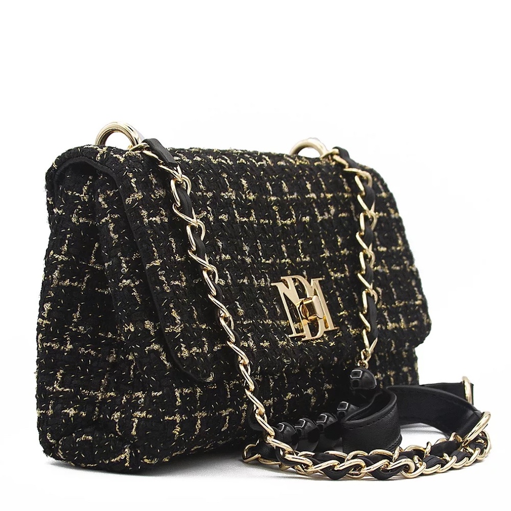 Badgley Mischka Black & Gold Woven Bouclé Tweed Messenger Bag - Picture 2 of 3